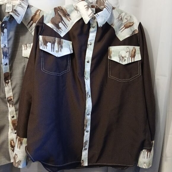 NEW Mens Western Cowboy Snap up Shirt M Dark or Light brown Horses yokes & Cuffs - Picture 9 of 12